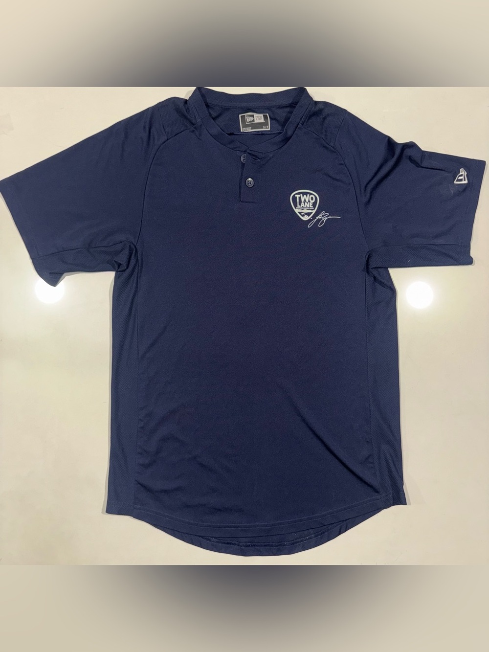New Era Navy Short-Sleeve Henley Polo with Two Lane Logo